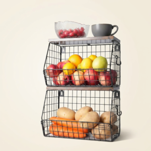 2-Pack Multi-Purpose Stackable Kitchen Storage Baskets with Wooden Lids